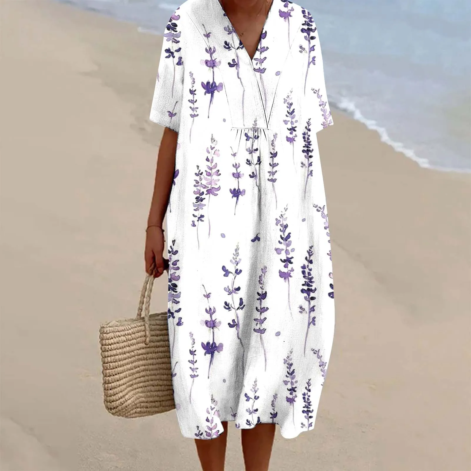 

Women's Fashion Summer Beach Style Dress Printed V Neck Half Sleeve Casual Dresses Loose Fitting Omfortable Female Dress