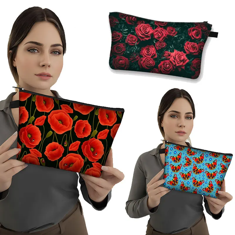 Red Rose Flower Lady Cosmetic Bags Beautiful Tulip Flowers Makeup Bag Girl Travel Portable Beauty Small Pouch Cosmetic Case Gift