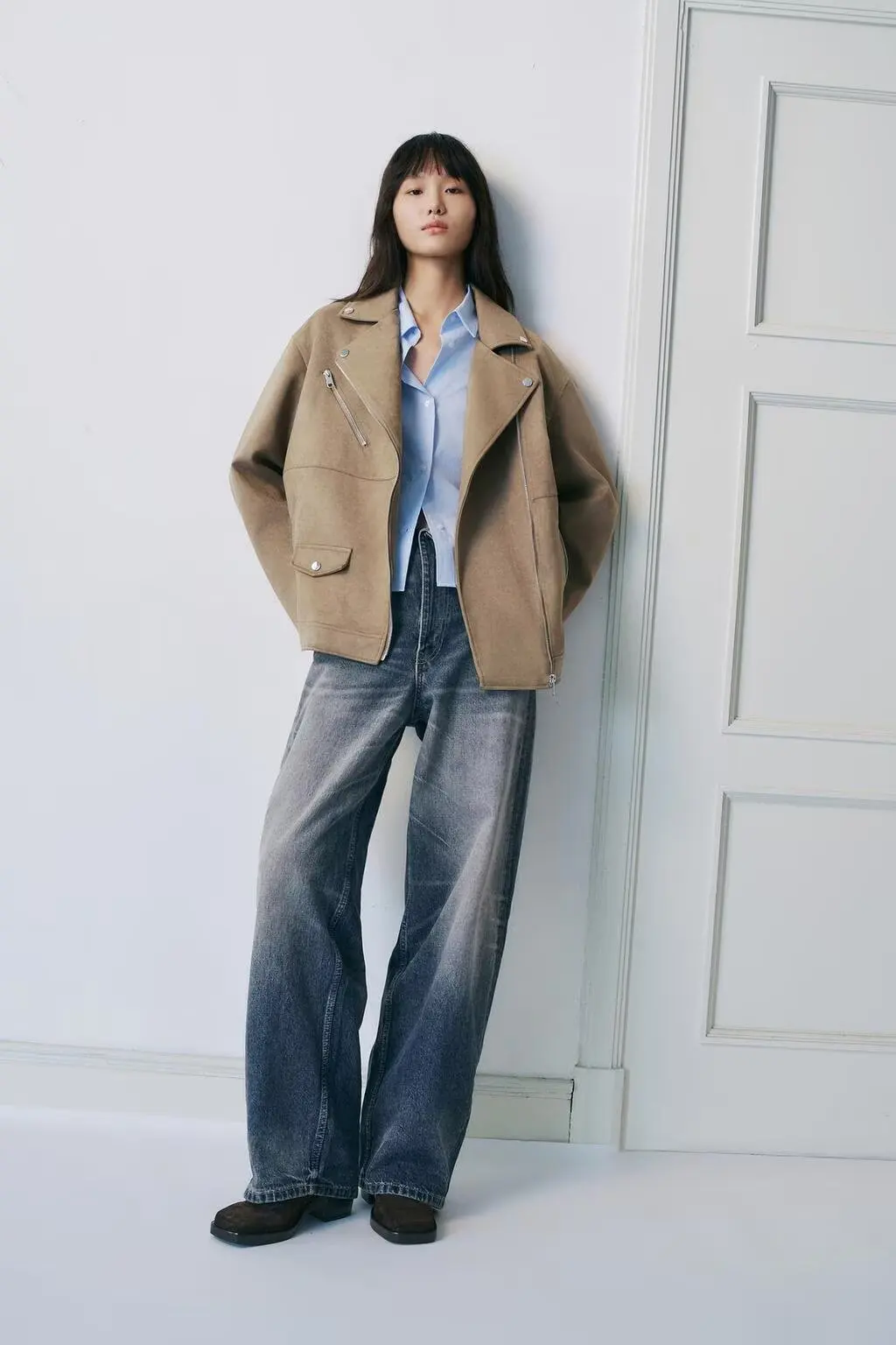 BB6847 2025 Autumn New Women's Fashion European and American Style Loose Edition Suede Effect Collar Motorcycle Coat 3046284