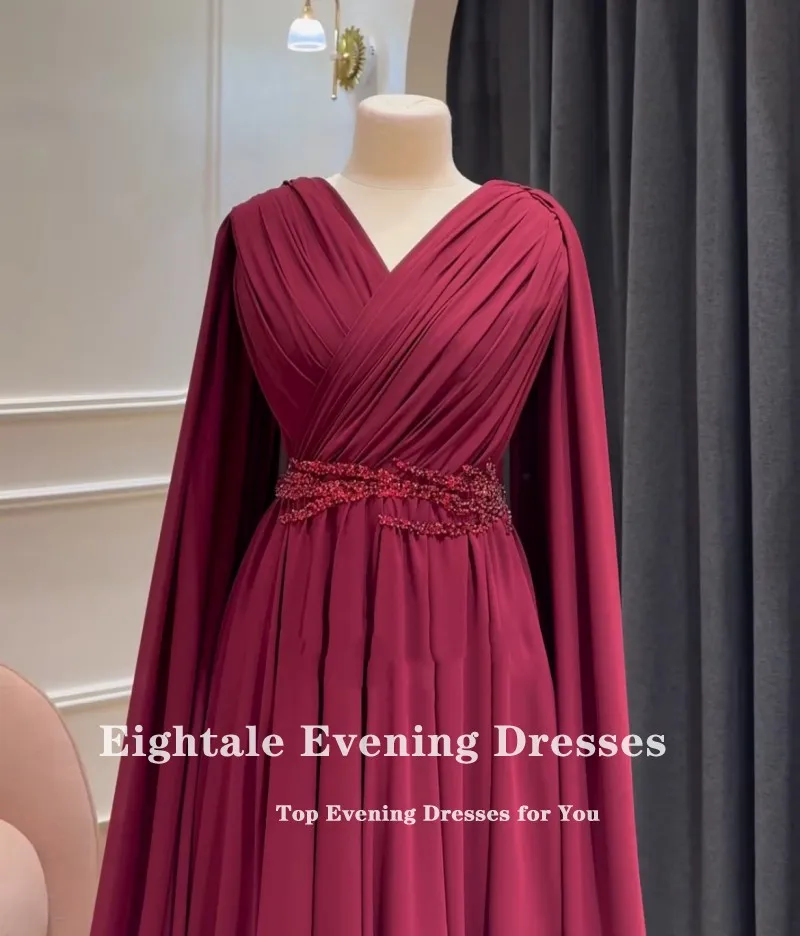 Eightale Arabische Abendkleider für Hochzeit, Party, Chiffon, V-Ausschnitt, Perlen, individuell gestaltete Flügelärmel, Burgunderrot, A-Linie, Abschlussball-Party-Kleider
