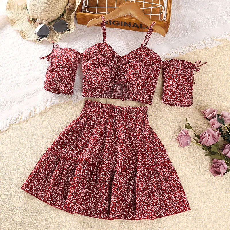 

Girls 8-12 Years Little Girl Halter Top + Red Floral Skirt Korean Style Suits Summer Casual Clothes Sets