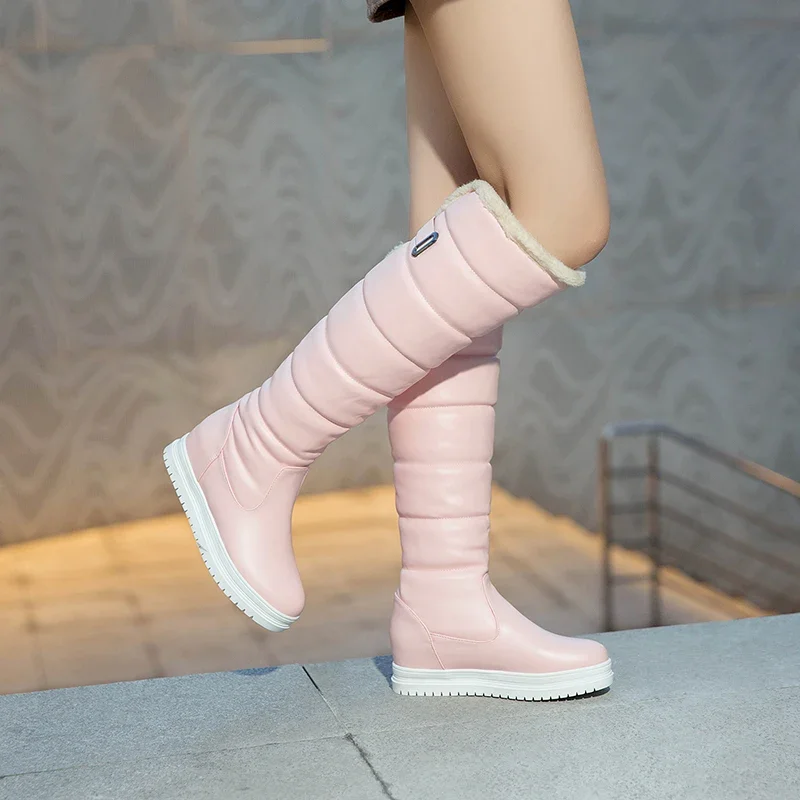 Winter Women Warm Plush Knee-high Snow Boots White Black Pink Lady Outdoor Slip-on Buckle Height Increasing Platform Long Boots