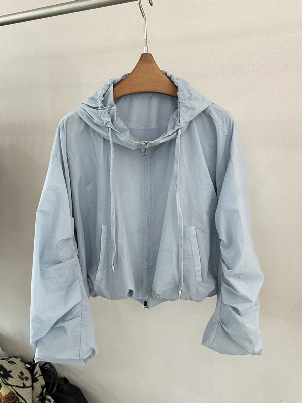 

Women's Lightweight Folded Sleeve Sun Protection Clothes Spring Summer Breeze Drawstring Hoodie Anti-Uv Open Cardigan