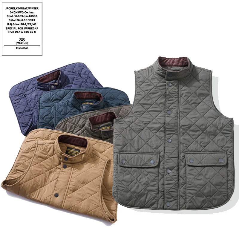 OKONKWO Thick Corduroy Quilted Vest Celebrity Style with Diamond Pattern Stand Collar Men's Fashion Outerwear