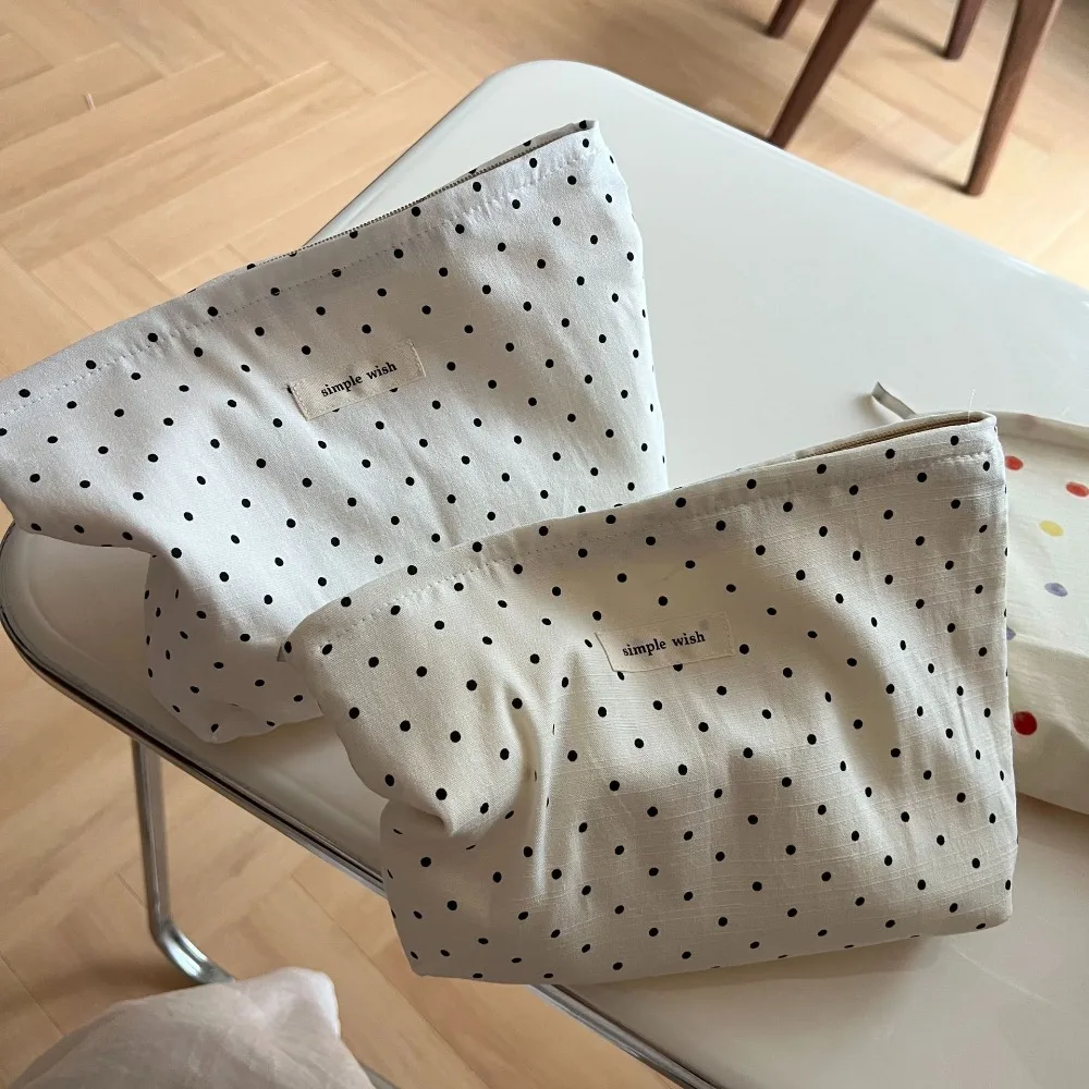 Women Cosmetic Organizer Zipper Pouch Korean Style Dots Print Cotton Makeup Bag Travel Wash and Storage Canvas Bag  Toiletry Bag