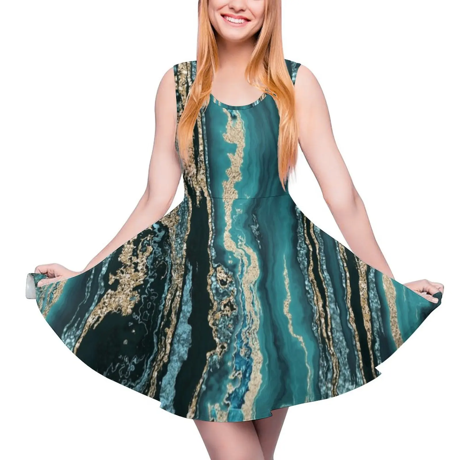 

Turquoise Gold Sparkling Luxury Marble Gemstone Art Sleeveless Dress summer dress korean women