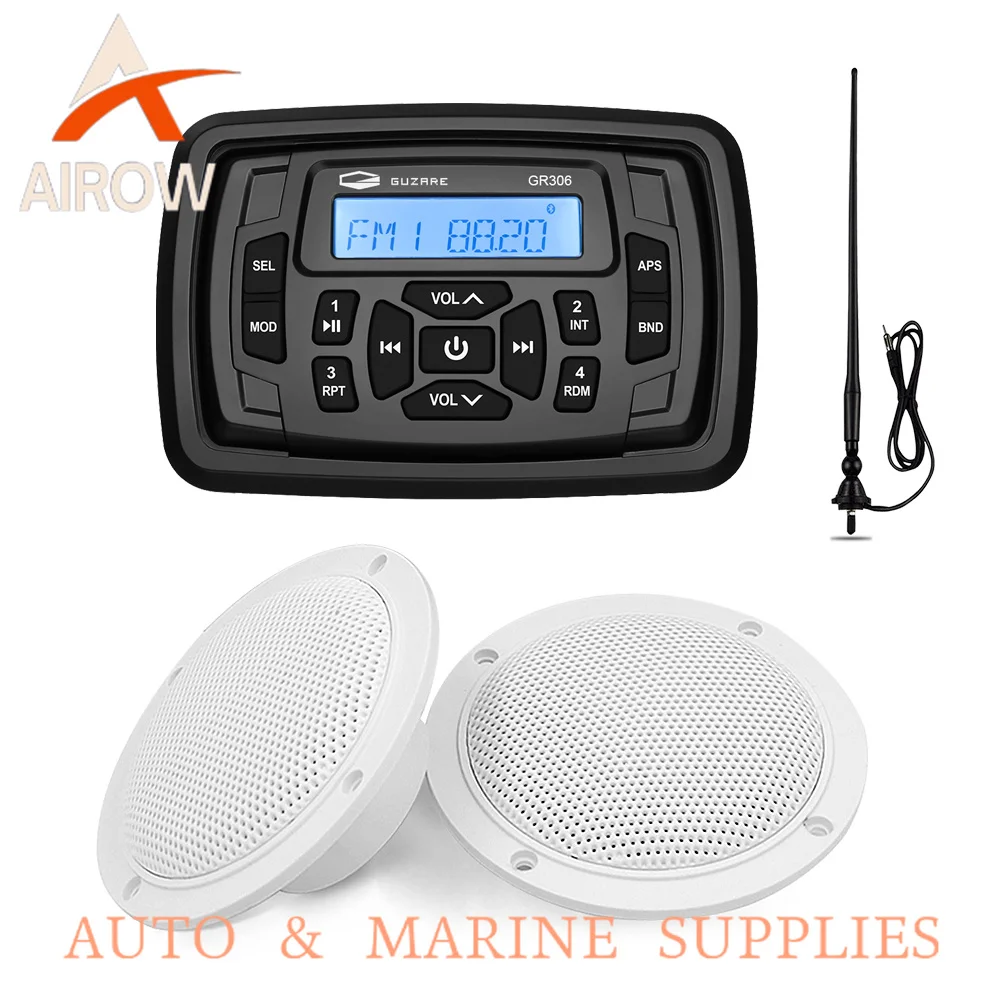 Airow auto Waterproof Marine Stereo Radio Audio Receiver MP3 Player+4inch Marine  Speakers For RV ATV Boat Golf Cart+ Antenna