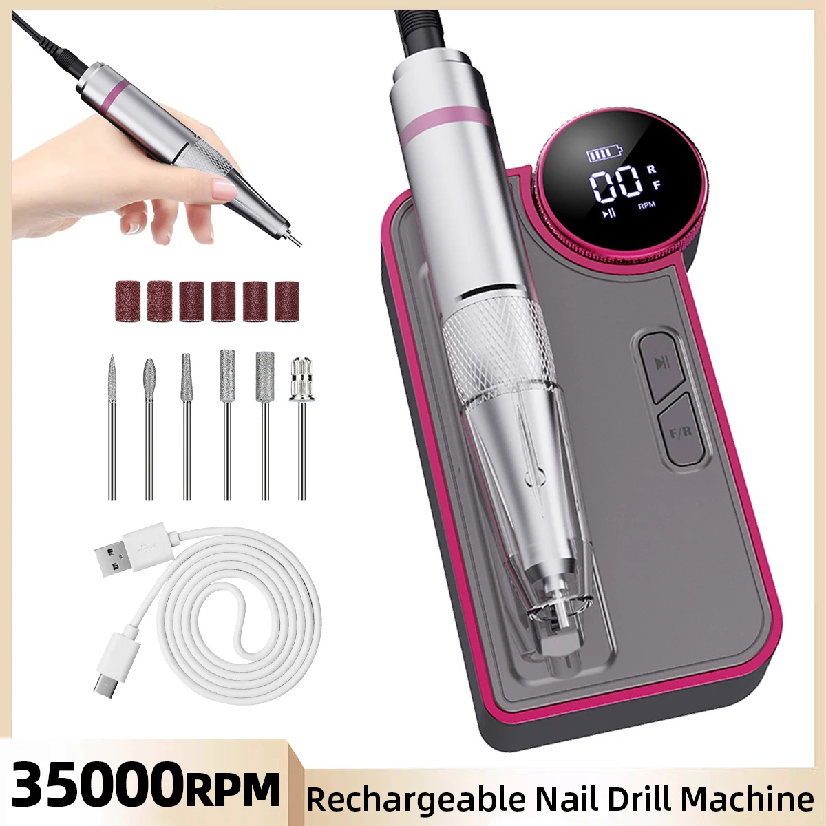 

Professional Nail Sander With LCD Display 35000RPM Rechargeable Electric Nail Drill Machine Cordless Nail E File for Acrylic Gel