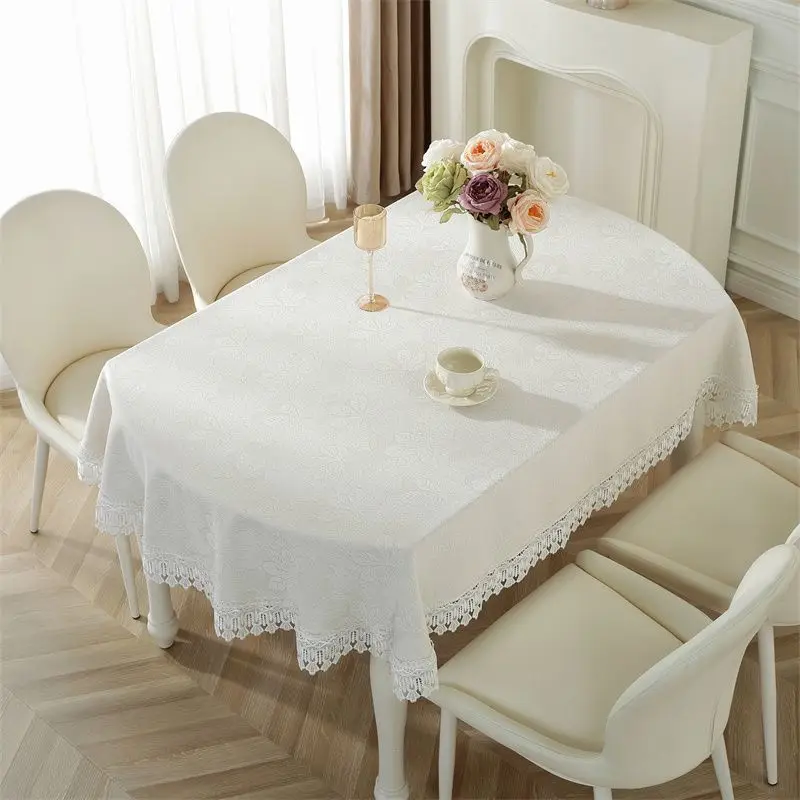 Tablecloth Oval Solid with Lace Table Cover Ellipse Plant Printed Pastoral Style Decoration Table Cloth 200cm for Dining Table