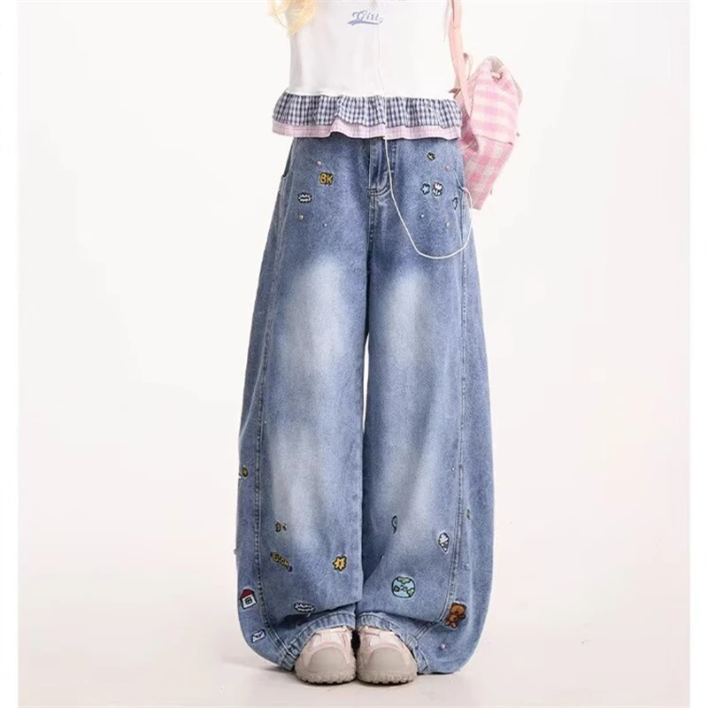 

Women's Retro Cartoon Embroidered Curved Wide Leg Jeans Young Girl Loose Trousers Casual Bottoms Female Street Denim Pants