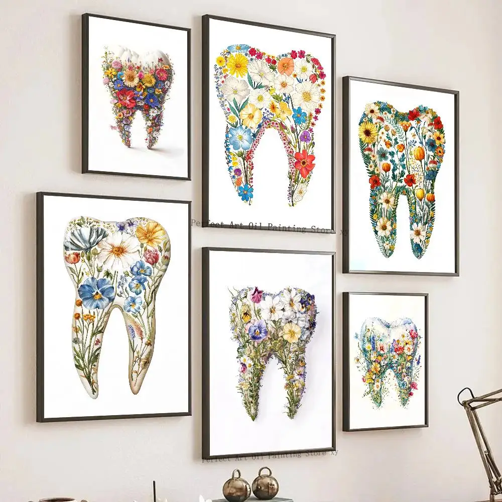 Colorful Flowers Tooth Drawing Poster Self-adhesive Art Room Entrance Restaurant Wall Decor Art Painting