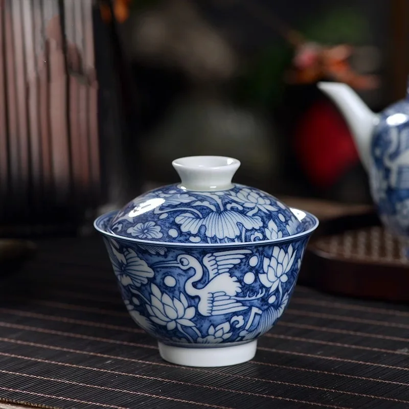 Qijiantang Blue and White All the Way Joint Section Two Tureen Not Scald Tea Brewing Bowl Household Porcelain Kung Fu Set