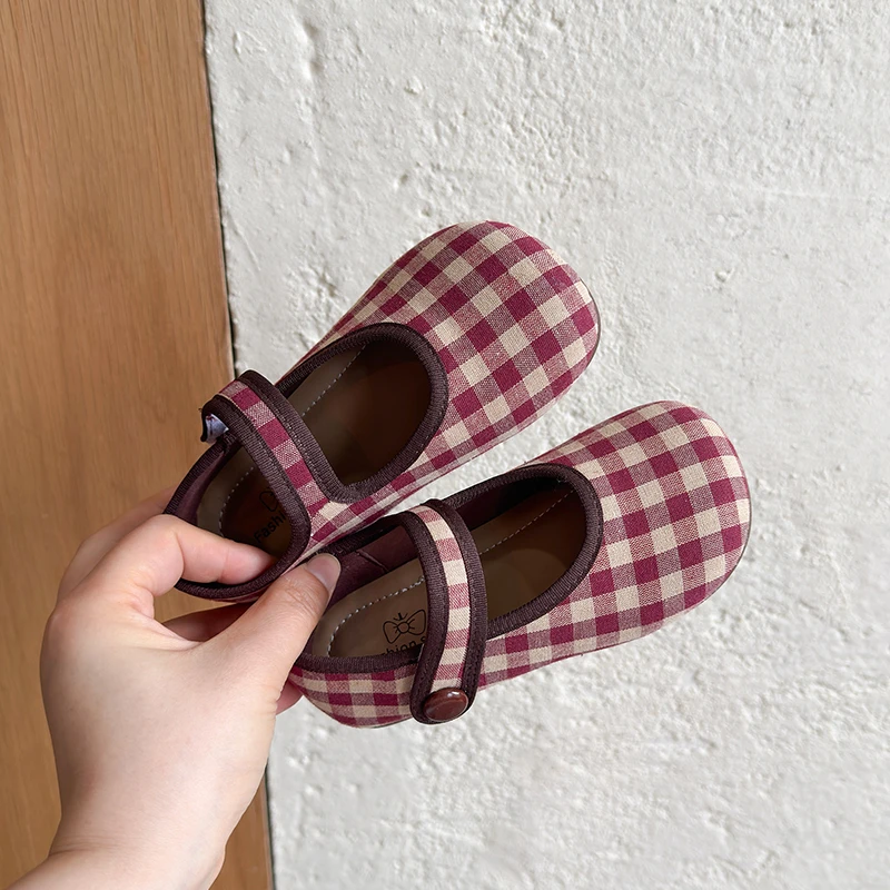Little Girls Plaid Mary Jane Shoes Single Strap Button Decor Soft Flat Sole Cloth Footwear for Daily Casual Matching Occasions