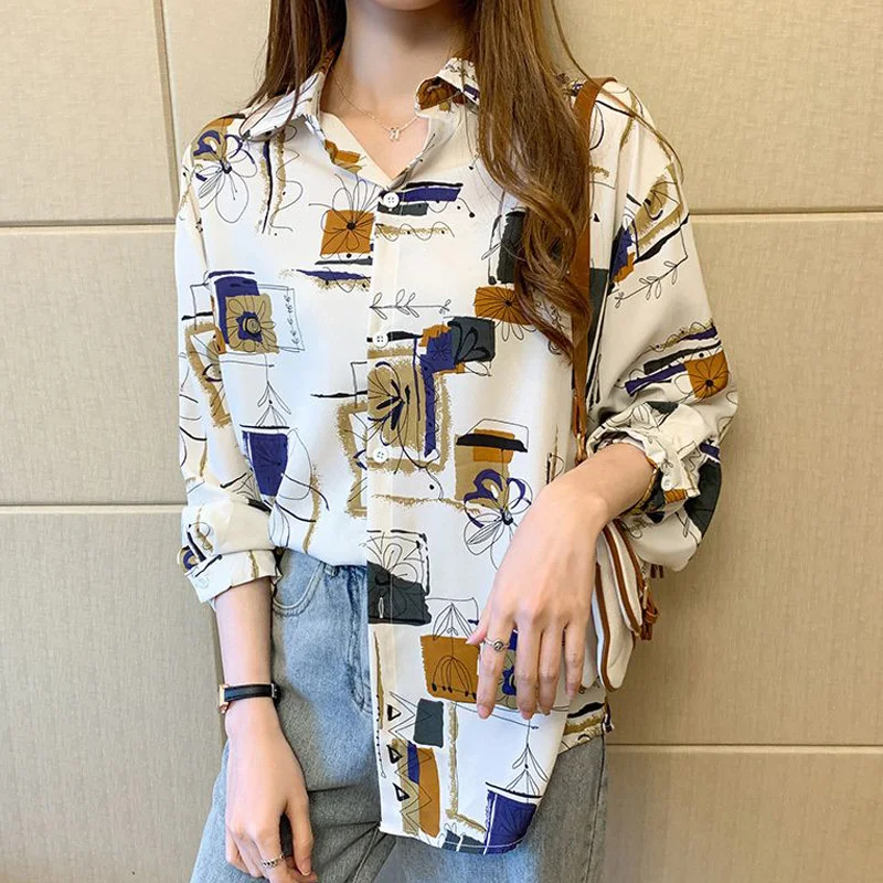 PLAZSON Harajuku Women\'s Long Sleeve Shirt Loose Casual Print Chiffon Blouses Fashion All-match Button-up Tops рубашка женская