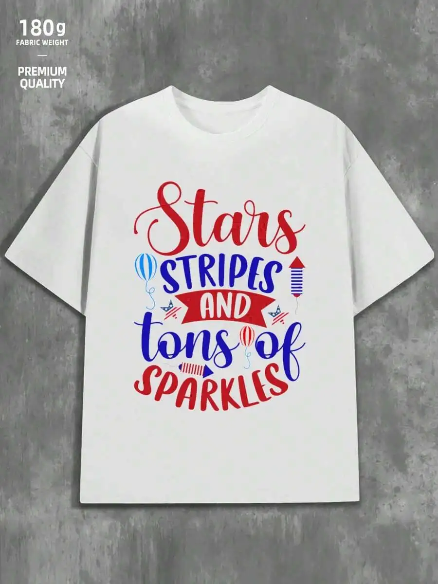 

Stars Stripes And Tons Of Sparkles Graphic T-Shirt Cotton Loose Fit Patriotic Summer Tee
