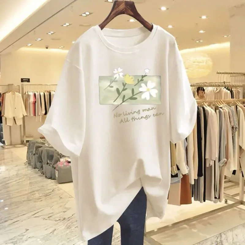 Damen-T-Shirts mit Blumenmuster, Sommermode, lässig, O-Ausschnitt, kurzärmelig, lockeres, schickes Pullover-Oberteil – Detail 5