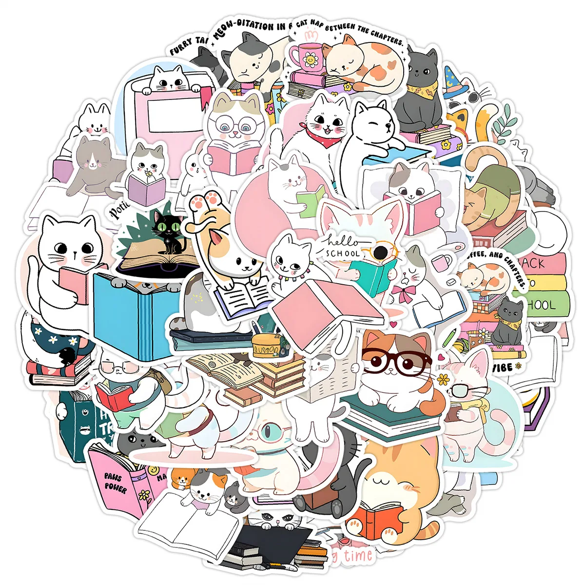 10/25/50pcs Cute Cat Reading Book Stickers Graffiti for DIY Scrapbooking Phone Laptop Helmet Bottle Guitar Cartoon Decals