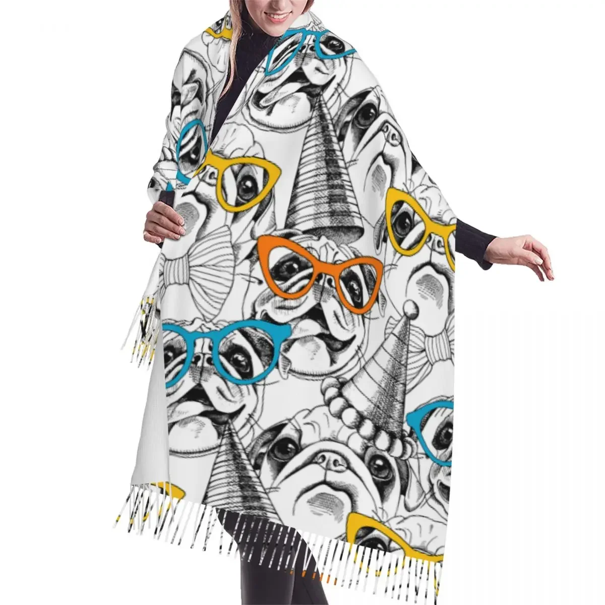 Custom Print Seamless Pattern With Image Of A Pug Scarf Men Women Winter Warm Scarves Shawl Wrap