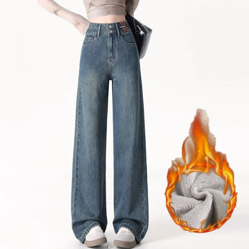 Winter Female Retro High Waist Thermal Plush Jeans Lady Classic Solid Fleece Denim Pants Girls Double Button Snow Warm Trousers