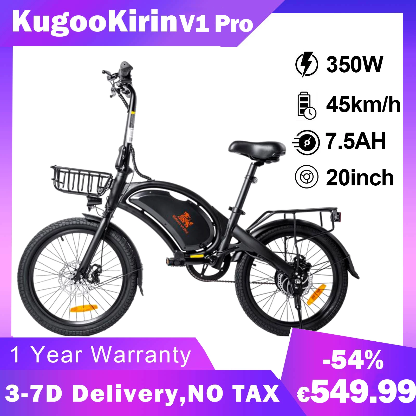 KugooKirin V1 Pro 350W Electric Bike 20Inch Off-Road Tire Adults Cycling Mountain Electric Bicycle with 48V7.5AH 25KM Max Range