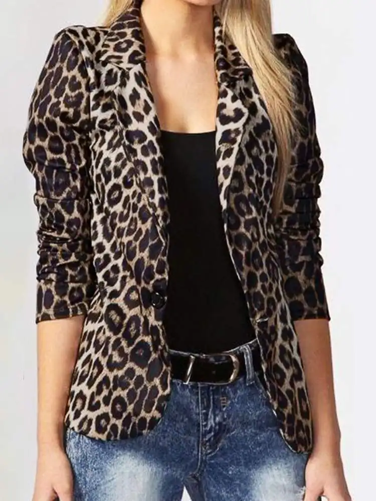 ZANZEA 2024 Autumn Fashion Ladies Office Suits Women Blazer Spring Leopard Printed Lapel Coat Oversized Button Outwear Femininas