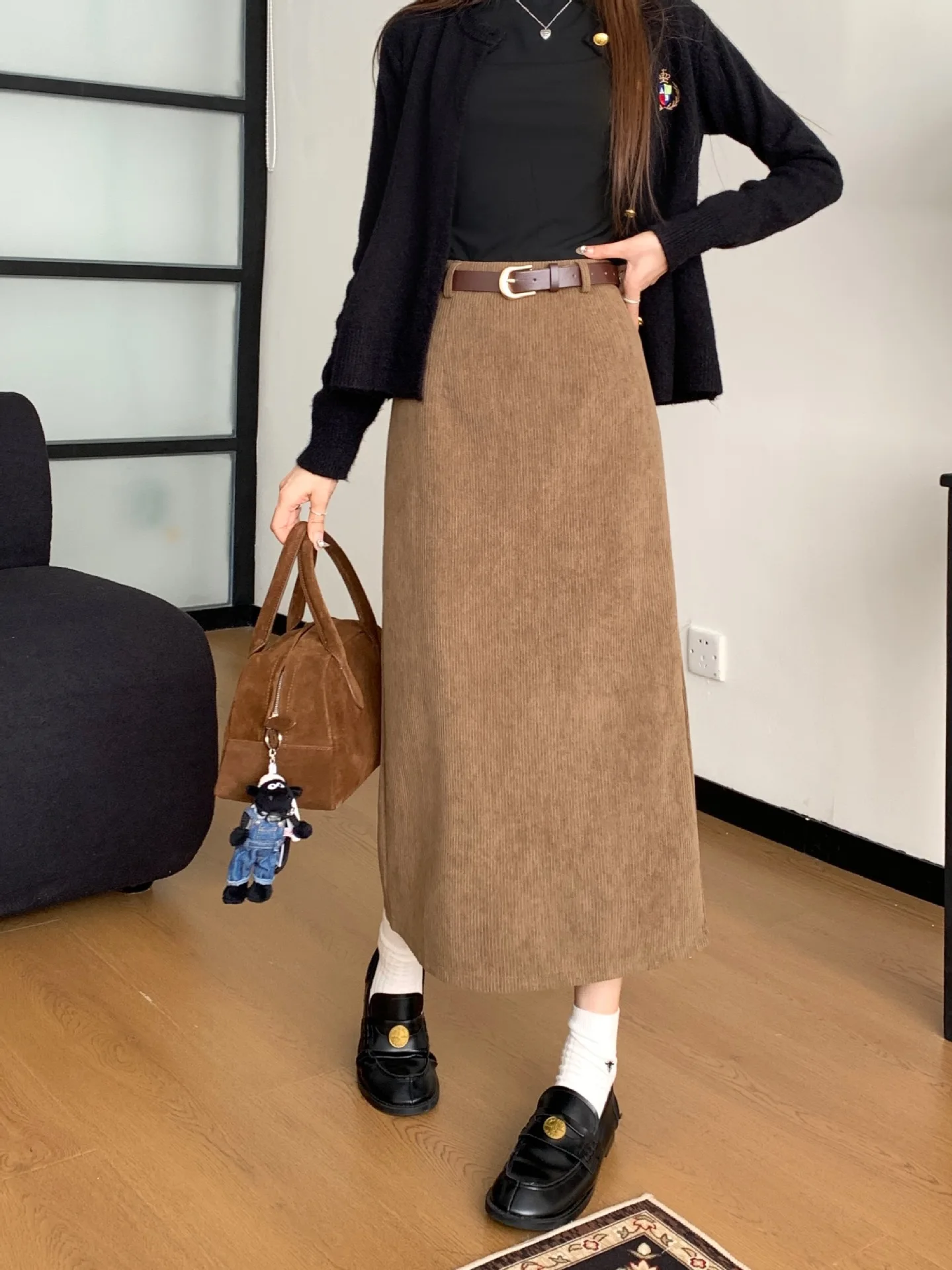 

Elegant Solid A-Line Midi Skirts Fashion Women High Waist Slimming Retro Corduroy Bodyocn Casual Straight Concealing New Skirt