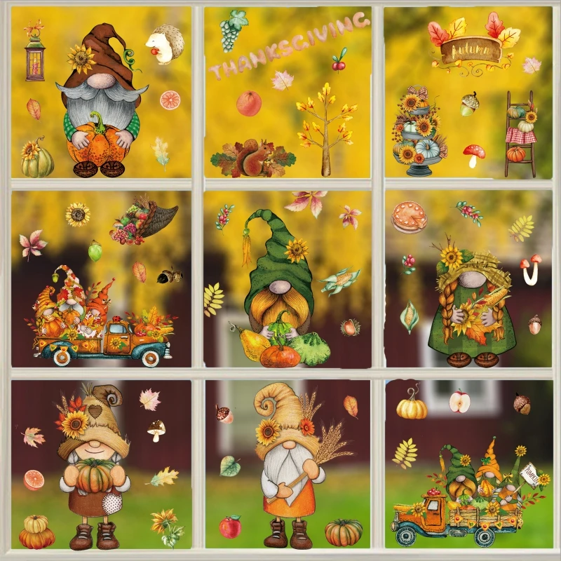 Thanksgiving Window Clings Leaves Fall Window Decoration for Home Party 9 Sheets Autumn Window Decor Gnome Static Cling