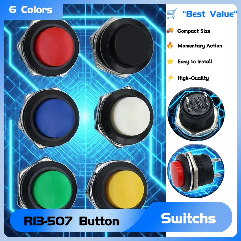 

R13-507 Мгновенный кнопочный переключатель 6A/125VAC 3A/250VAC 2/5/10/30/50/100 шт. Диаметр 16 мм Мгновенные круглые выключатели питания