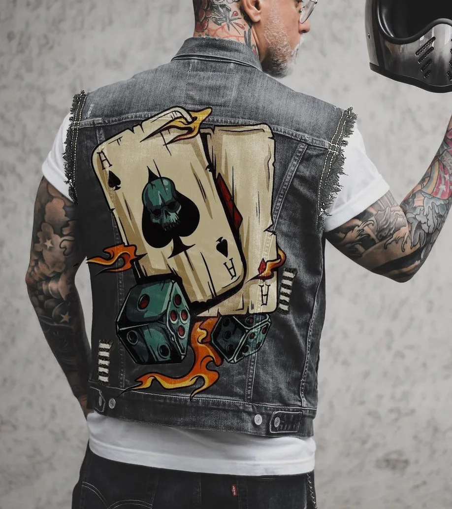 Men's Spring And Summer Four Seasons New Hot Selling Street Punk Style Playing Card Printing Sleeveless Vest Denim Jacket