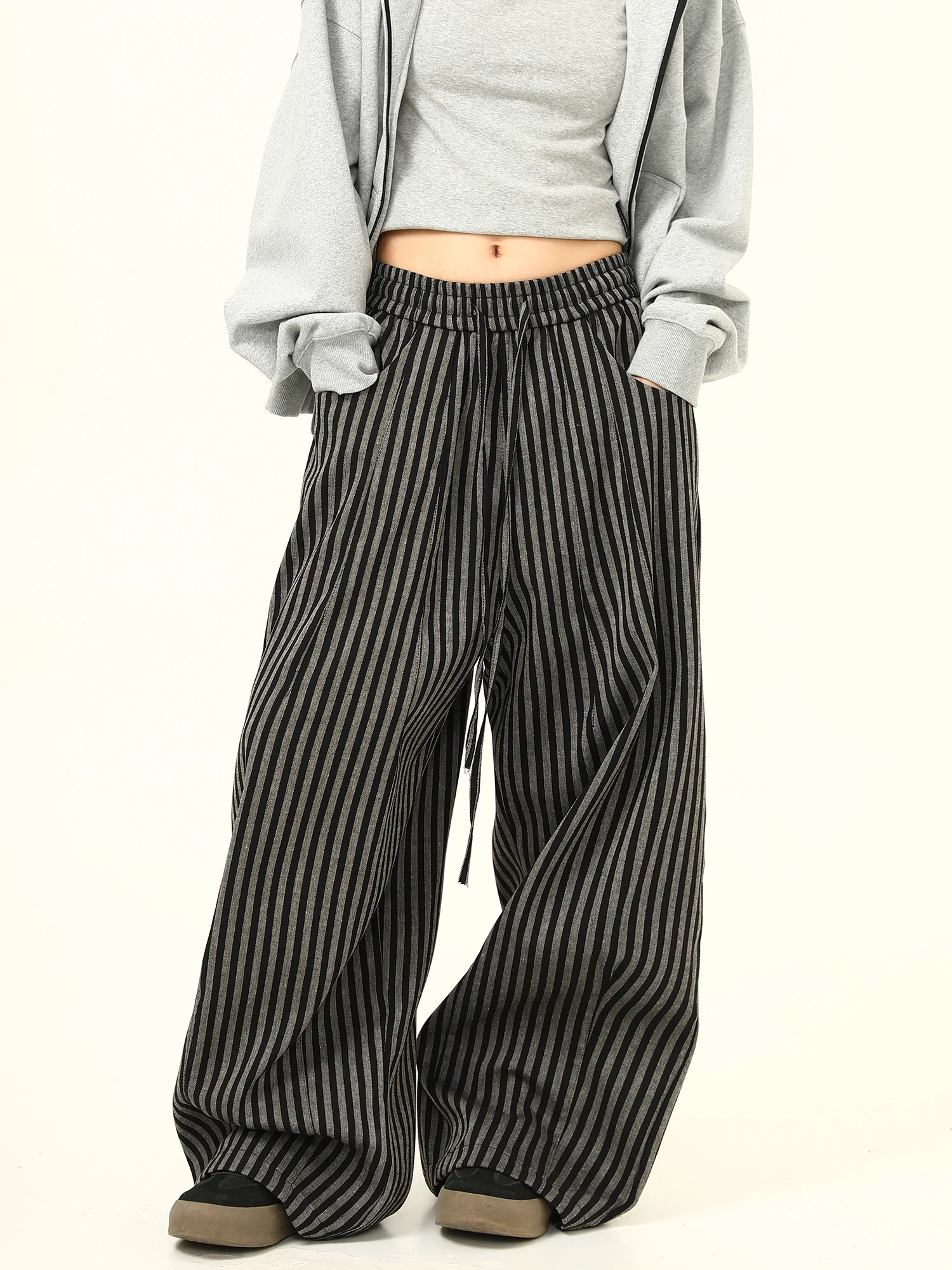 

Женские повседневные брюки в американском ретро-стиле с полосками, свободные, прямые, длинные, модные, с высокой талией, широкие штанины