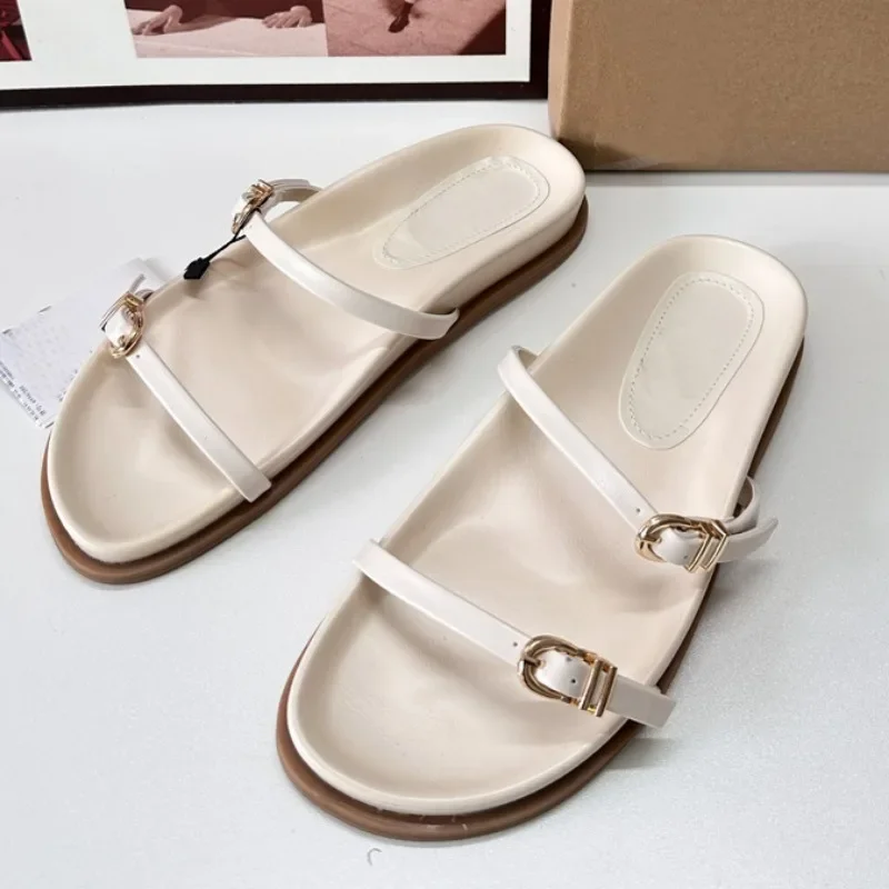 Summer Soft Sole Women Beach Shoes Metal Belt Buckle Round Toe Beige Ladies Flat Slippers Designer Comfortable Female Slides