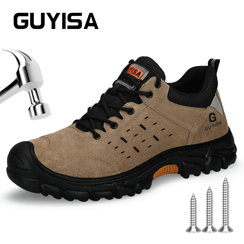 GUYISA Safety Shoes For Work Steel Toe Fashion Casual Style Anti Smashing Anti Stabbing Breathable Khaki Size 37-46