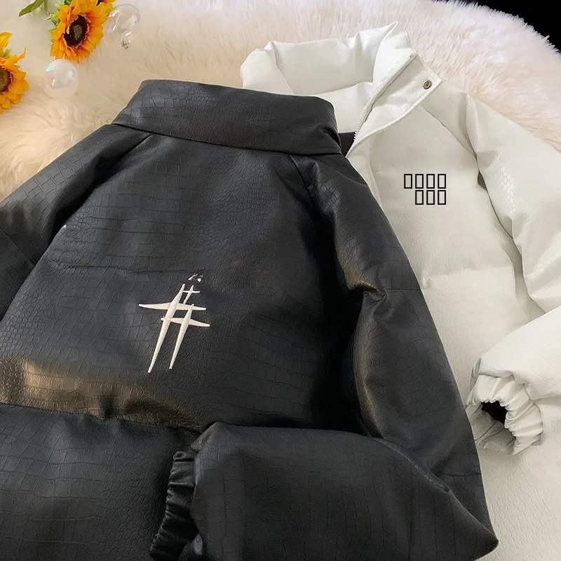 

Men's Thiened Warmth Duling Pattern PU Leather down Cotton Jaet Winter Faionable Brand High-End Cool Outerwear