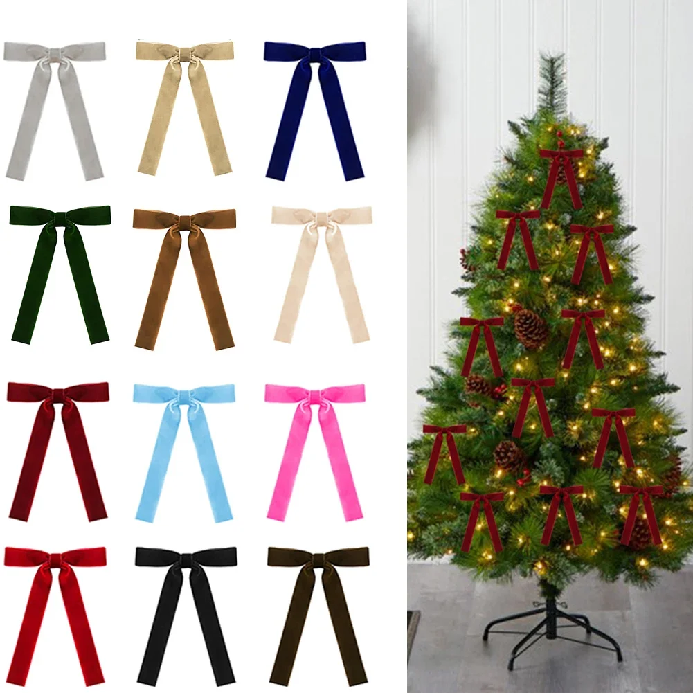 Acentos para árbol de Navidad, lazos de cinta de terciopelo de café claro de 2,5 cm, decoración navideña, decoraciones preatadas, extremos en ángulo