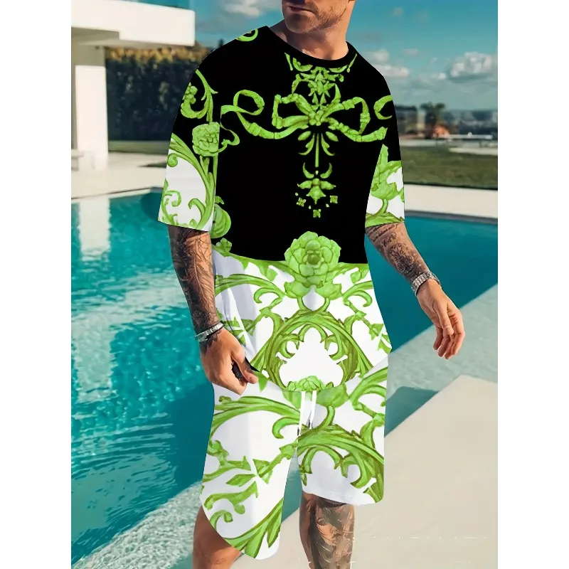 

2025 мужские летние повседневные шорты с 3D принтом и круглым вырезом с короткими рукавами, комплект из двух предметов, модный спортивный костюм из ткани полиэфирного волокна