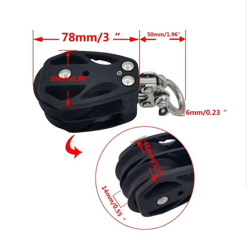 Double Pulley Block with Stainless Steel Shackle, Marine Black Nylon Pulley for Boat Yacht, Heavy Duty Corrosion Resistant