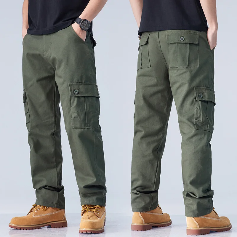 Men Multi-Pocket Solid Color Wide Leg Cargo Pants Work Wear Casual Trousers Male Army Green Dark Gray Overalls For Daily Outdoor