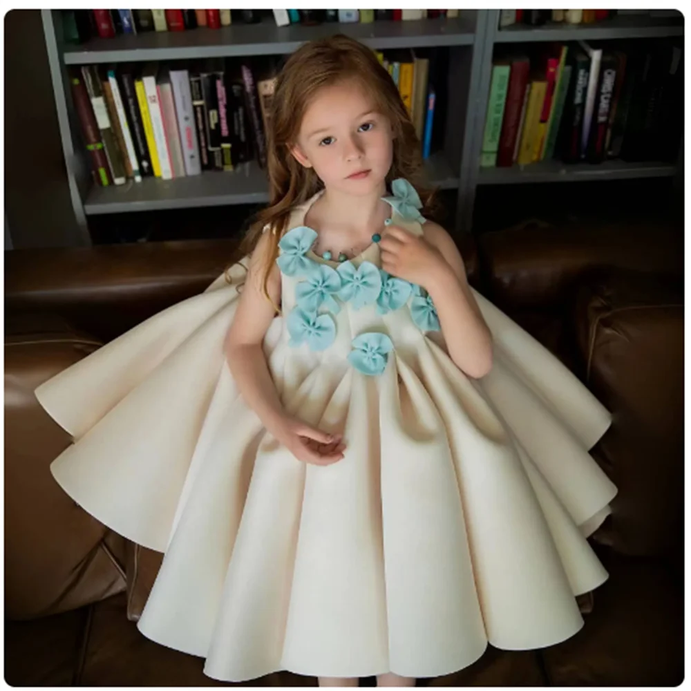 Luxury Beige Flower Girl Dress Handmade Flowers Baby Kids Princess Birthday Wedding Party Communion Ball Gown