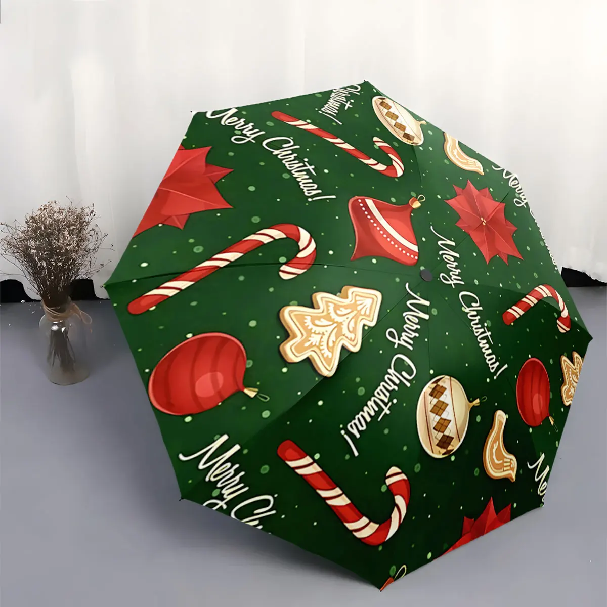 Christmas Pattern Umbrella with Candy Cane & Ornaments portable waterproof sun rain umbrella for outdoor travel beach