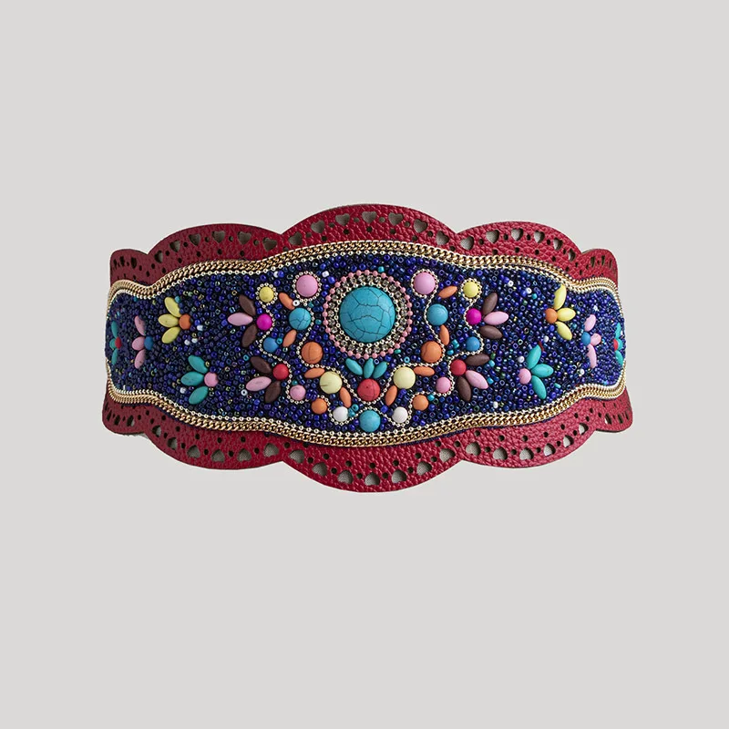 Bohemian Heavy Work Turquoise Hollow-out Ethnic Pattern Elastic Ethnic Women's Waist Belt