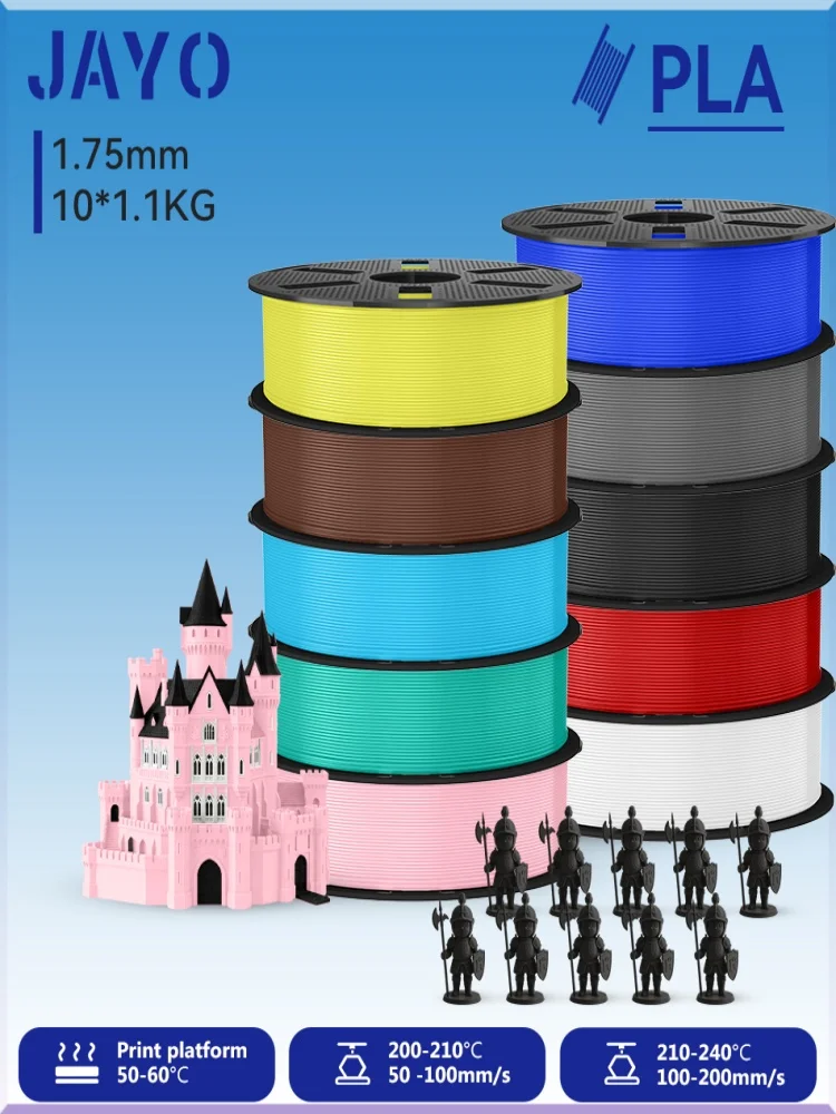 JAYO 10 Rollen 3D PLA Druckerfilament 1,75mm, ungiftig & blasenfrei, PLA-Kunststoff als 3D-Druckfilament für 99% der 3D-FDM-Drucker & -Stifte, 1,1KG/Rolle
