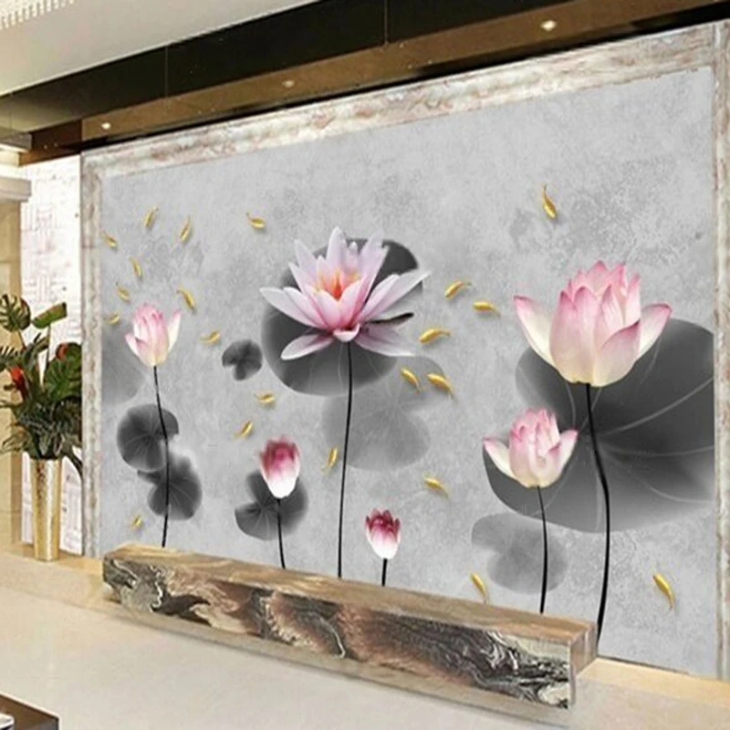 Chinese-style artistic conception beautiful pink lotus golden fish grey soft-padded TV luxurious home decoration background wall