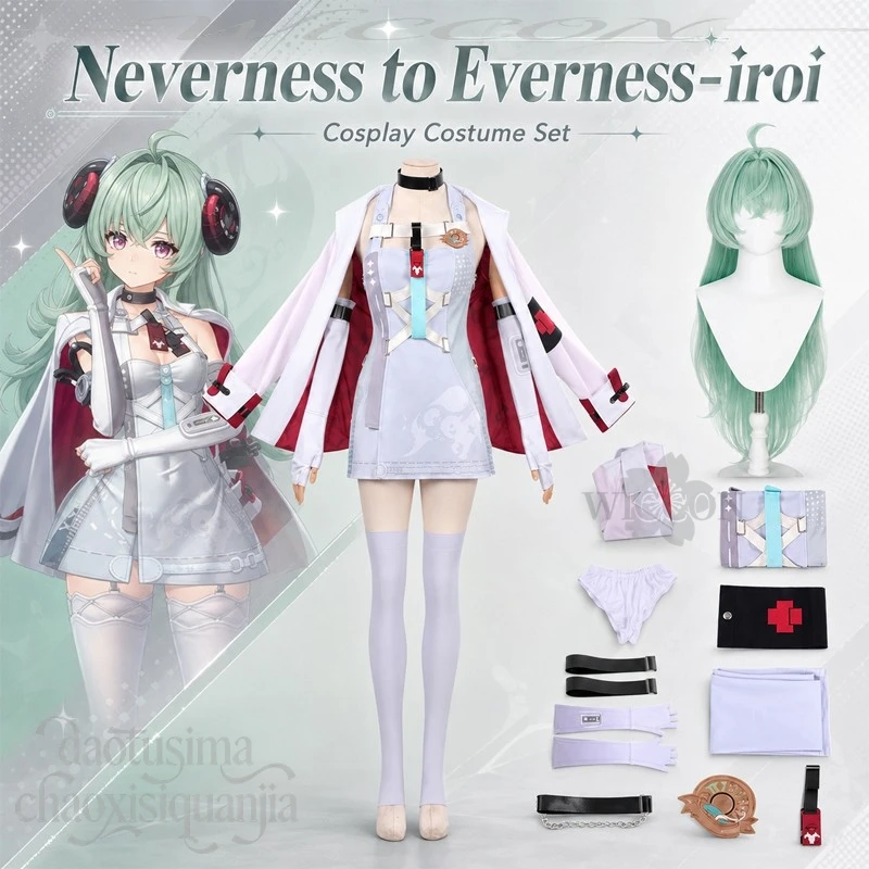 Anime Game Iroi Cosplay Costume Y2K Style White Cape Dress Matching Gloves Green Wig Punk Outfit For Halloween Cosplay Events view 2