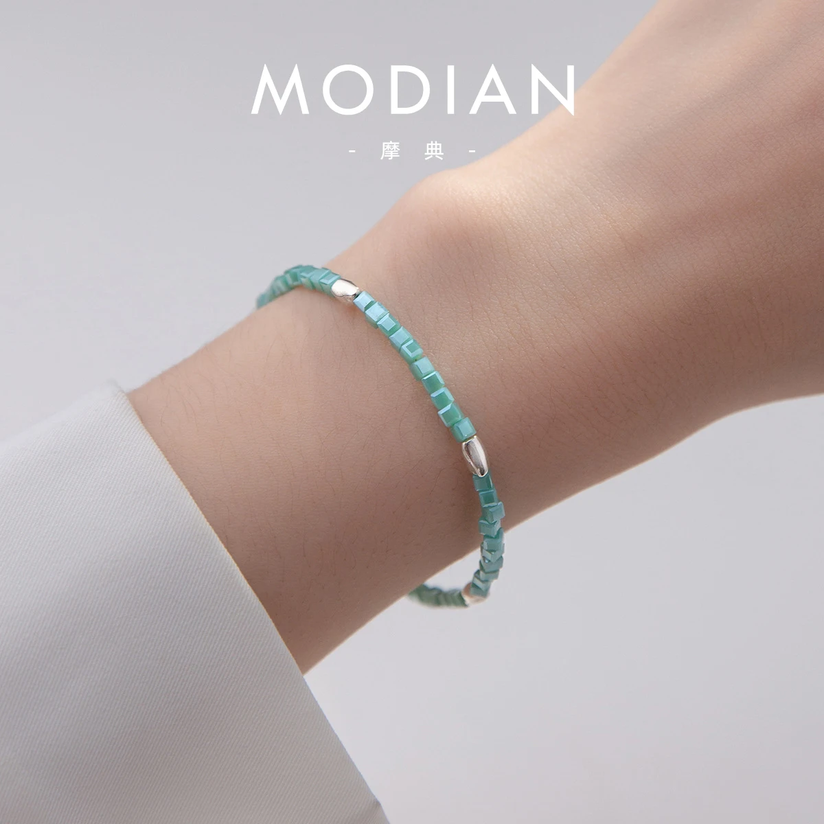 Modian Genuine 925 Sterling Silver Green Crystal Gift Square Adjustable Bracelet For Women Elegant Luxury Fine Party Jewelry