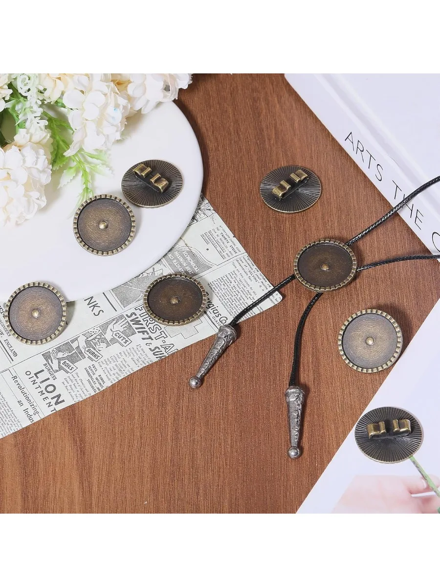 8 PCS Blank Bolo Tie Buckle Vintage Round Clips DIY Necktie Handmade Alloy Accessories for Father Husband Men's Gift Antique