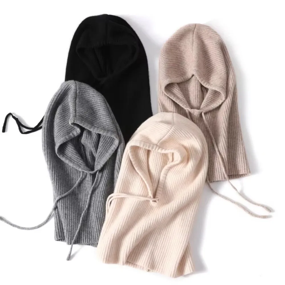 Thick Winter Knitted Hooded Caps Windproof Elastic Balaclava Hat Breathable Drawstring Adjustable One-piece Neck Collar