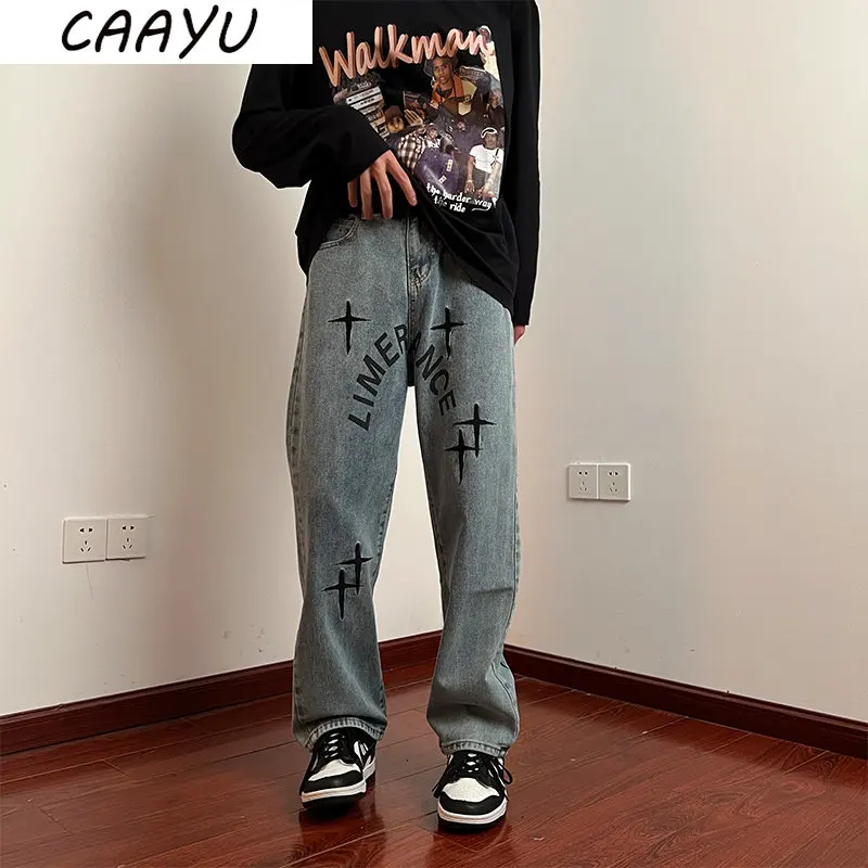 

CAAYU 2022 New Baggy Jeans Mens Fashion Harajuku Loose Korean Streetwear Straight Wide Leg Pants Male Clothing Blue Pants Mens