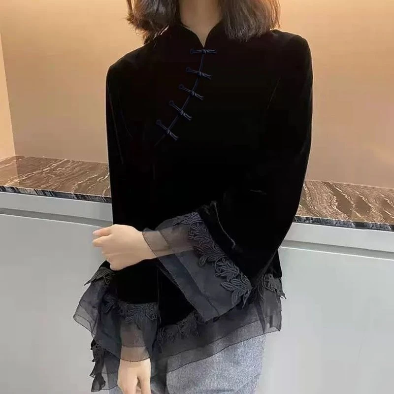 Cheongsam Europe Vintage Velvet Shirt New Chinese Style Stand Collar Loose Slim Tops Button Undershirt Women Blusas