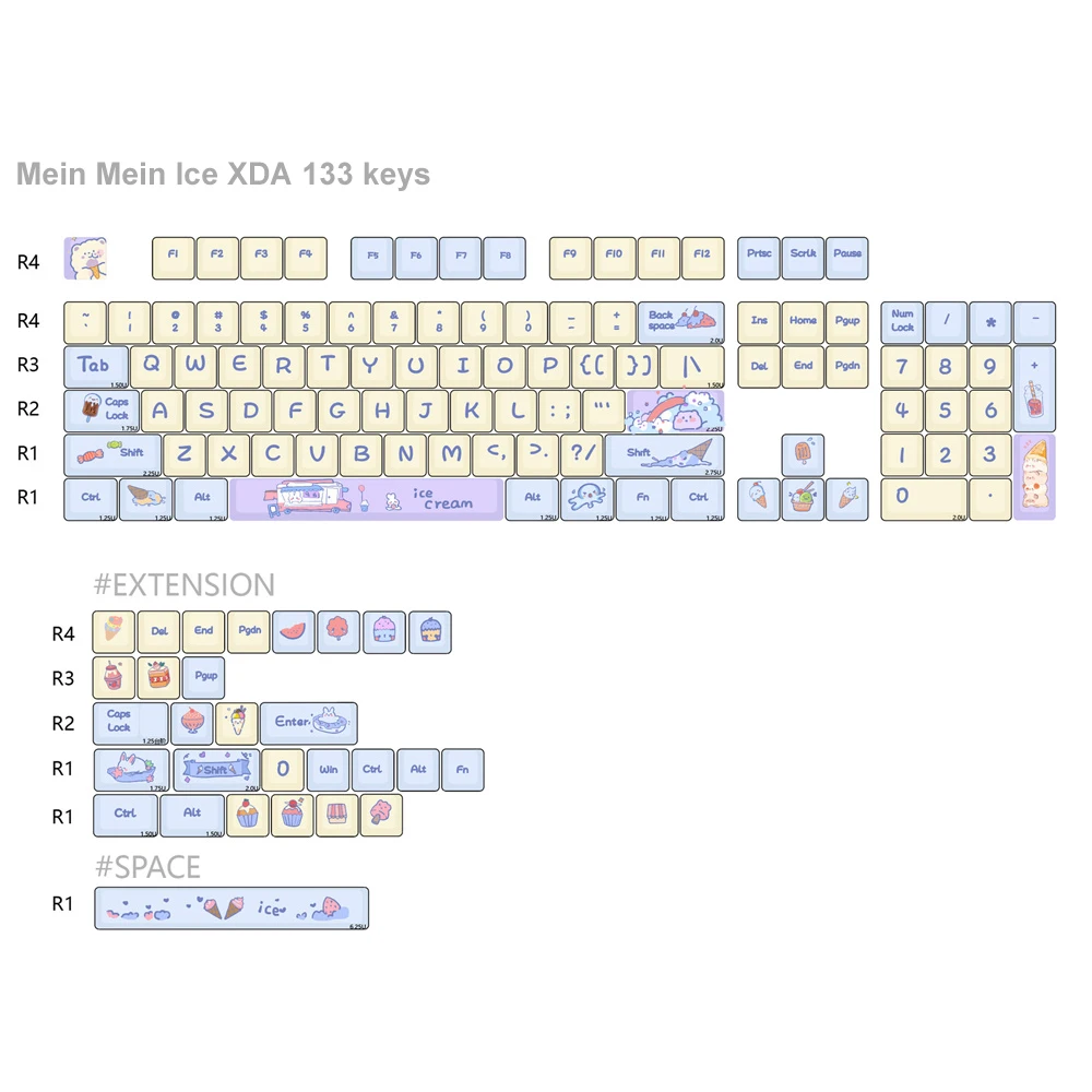 Imagem -06 - Mein Mein Ice Xda Keycaps Pbt Dye Theme Keycap Personalizado para Teclado Mecânico mx Switch Gmk 68 84 89 98 104 Layout 132 Teclas