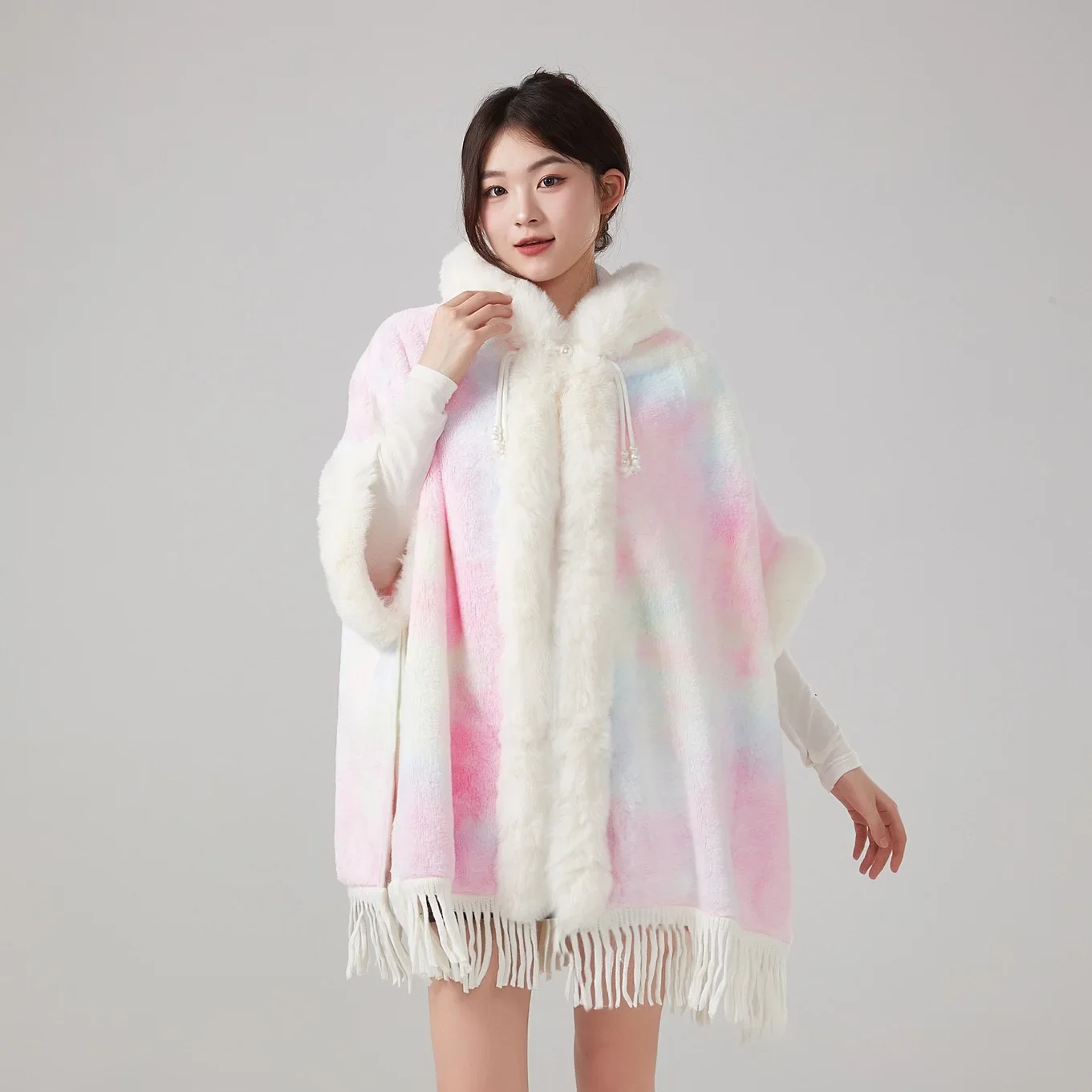 Poncho New Arrival Faux Fur Trimmed Tassel Wraparound Hooded Imitate Wool Blazer Lining Women  Style Fashion Cloak